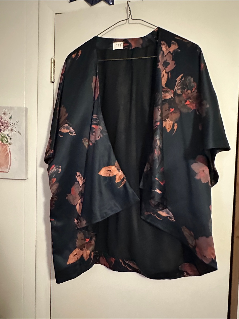 a new day Black Floral Satin Kimono with Rose Accents